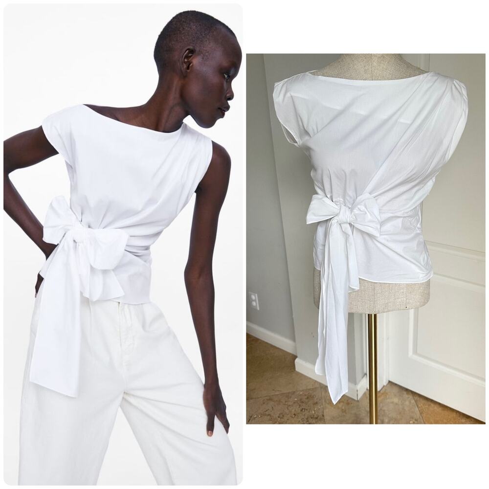 Zara white cotton poplin stretch short sleeve with wrap front bow Sz M